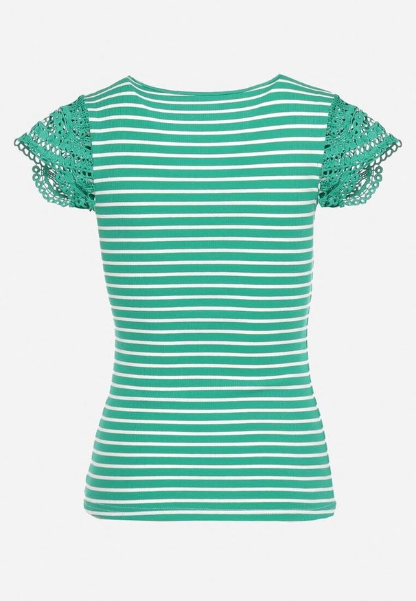 Born2be - Zielony Bawełniany T-shirt w Paski z Koronkowymi Wstawkami Idamarie. Okazja: na co dzień, na randkę. Typ kołnierza: dekolt w kształcie V. Kolor: zielony. Materiał: koronka, bawełna. Długość rękawa: krótki rękaw. Długość: krótkie. Wzór: paski. Styl: casual