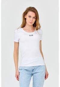 EA7 Emporio Armani - EA7 Damski t-shirt biały z logo na środku, Rozmiar XS. Kolor: biały. Materiał: bawełna