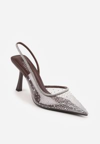 Renee - Brązowe Szpilki Slingback z Transparentną Cholewką i Cyrkoniami Liaceran. Okazja: na imprezę. Kolor: brązowy. Szerokość cholewki: normalna. Obcas: na szpilce. Styl: wizytowy, glamour #5