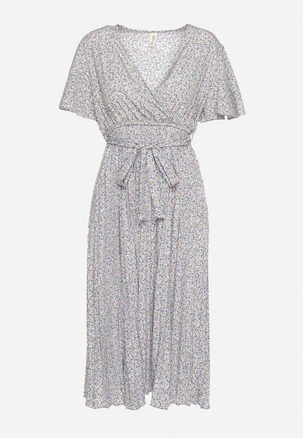 Born2be - Niebieska Rozkloszowana Sukienka z Gumką w Pasie i Materiałowym Paskiem Prissa. Okazja: na co dzień. Typ kołnierza: dekolt w kształcie V. Kolor: niebieski. Materiał: materiał. Długość rękawa: krótki rękaw. Styl: casual, elegancki