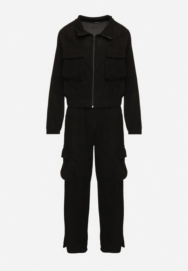 Born2be - Czarny Komplet Dresowy w Stylu Cargo Bluza ze Stójką i Szerokie Spodnie Arritarra. Kolor: czarny. Materiał: dresówka. Wzór: aplikacja