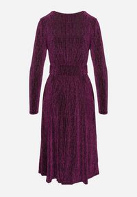 Born2be - Fioletowa Taliowana Sukienka z Wiskozą o Rozkloszowanym Kroju Zdobiona Metaliczną Nicią Mesinae. Okazja: do pracy, na spotkanie biznesowe. Typ kołnierza: dekolt w kształcie V. Kolor: fioletowy. Materiał: wiskoza. Długość rękawa: długi rękaw. Wzór: aplikacja. Typ sukienki: rozkloszowane. Styl: glamour, biznesowy, wizytowy, elegancki #7