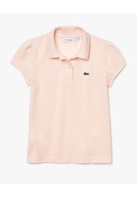 Lacoste - LACOSTE - Jasnoróżowa koszulka z falbanką. Typ kołnierza: polo. Kolor: wielokolorowy, różowy, fioletowy. Materiał: bawełna. Wzór: aplikacja