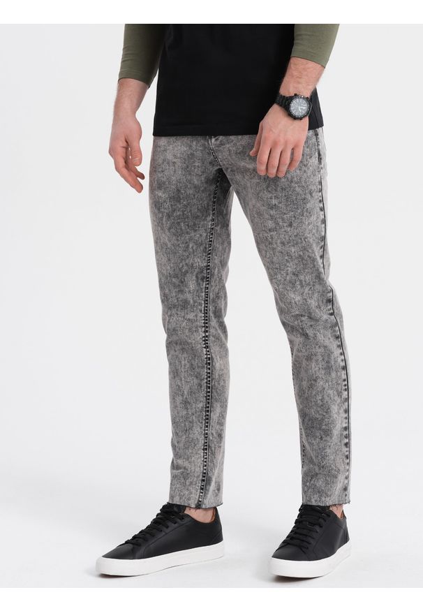 Ombre Clothing - Spodnie męskie jeansowe marmurkowe z surowo wykończoną nogawką SLIM FIT - szare V1 OM-PADP-0146 - XXL. Kolor: szary. Materiał: jeans