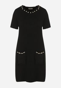 Born2be - Czarna Trapezowa Sukienka Sweterkowa Ozdobiona Perełkami Eletusa. Okazja: na co dzień. Kolor: czarny. Wzór: aplikacja. Typ sukienki: trapezowe. Styl: casual, elegancki. Długość: midi #2