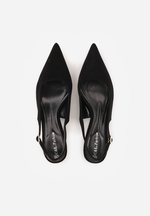 Born2be - Czarne Czółenka na Szpilce Typu Kaczuszka z Odkrytą Piętą Vetiena. Okazja: na co dzień. Zapięcie: sprzączka. Kolor: czarny. Materiał: jeans. Obcas: na szpilce. Styl: casual, elegancki, klasyczny, wizytowy