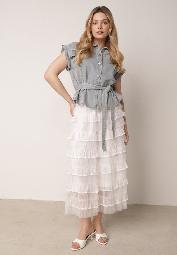 Born2be - Jasnoniebieski Komplet z Bawełny i Wiskozy Spódnica z Falbanami i Koszula Bez Rękawów Callirane. Kolor: niebieski. Materiał: wiskoza, bawełna