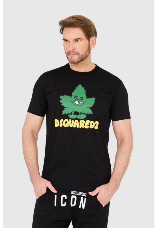 DSQUARED2 Czarny męski t-shirt z logo i zielonym liściem, Rozmiar M. Kolor: czarny