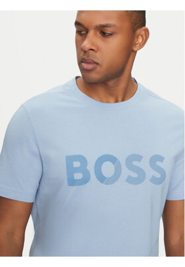 BOSS T-Shirt Tape Logo 50530990 Błękitny Regular Fit. Kolor: niebieski. Materiał: bawełna