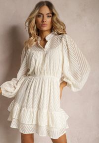Renee - Jasnobeżowa Sukienka Mini w Skośne Paski o Rozkloszowanym Fasonie z Gumką w Talii Tennari. Kolor: beżowy. Materiał: materiał. Wzór: paski. Długość: mini #4