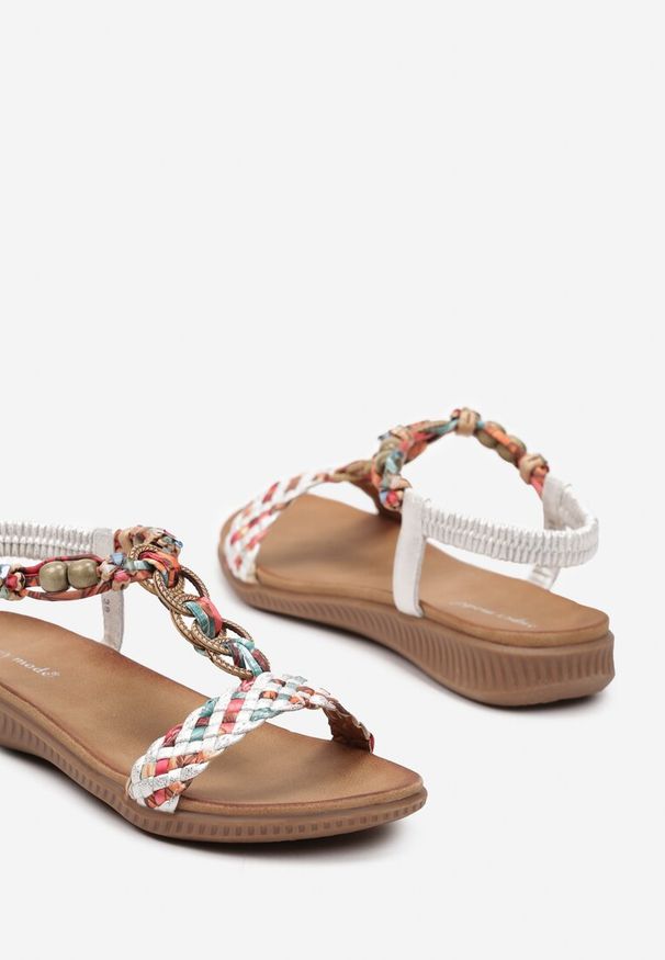 Born2be - Srebrne Sandały z Koralikami i Plecionymi Paseczkami Lomerae. Okazja: na co dzień. Kolor: srebrny. Sezon: lato. Obcas: na obcasie. Styl: boho, elegancki, etno, casual. Wysokość obcasa: niski