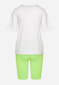 Born2be - Zielono-Biały Komplet T-shirt z Ozdobnym Nadrukiem Szorty Typu Kolarki Wanesia. Kolor: zielony. Materiał: dzianina. Wzór: nadruk #5