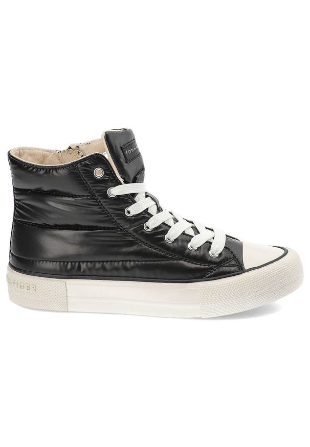TOMMY HILFIGER - Czarne Trampki Tommy Hilfiger Modne Pikowane Buty Damskie. Okazja: na spacer. Kolor: czarny. Materiał: materiał, skóra ekologiczna. Szerokość cholewki: normalna. Wzór: aplikacja