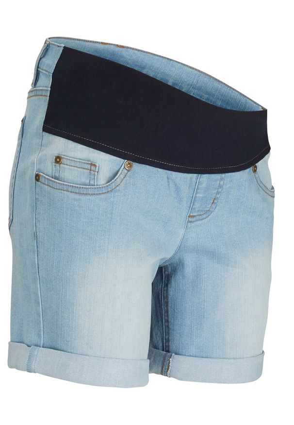Szorty ciążowe dżinsowe z paskiem pod brzuch bonprix jasnoniebieski "bleached". Kolekcja: moda ciążowa. Kolor: niebieski. Sezon: lato