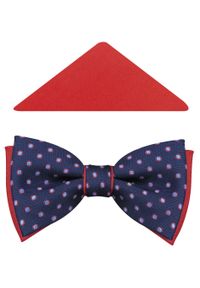 Modini - Granatowa mucha w czerwono-szare grochy z poszetką A25. Kolor: szary, wielokolorowy, czerwony, niebieski. Materiał: poliester, tkanina. Wzór: grochy. Styl: elegancki #1