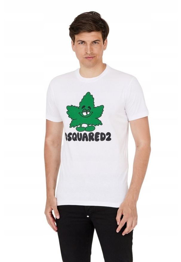 DSQUARED2 Biały t-shirt z zielonym liściem. Kolor: biały. Wzór: nadruk