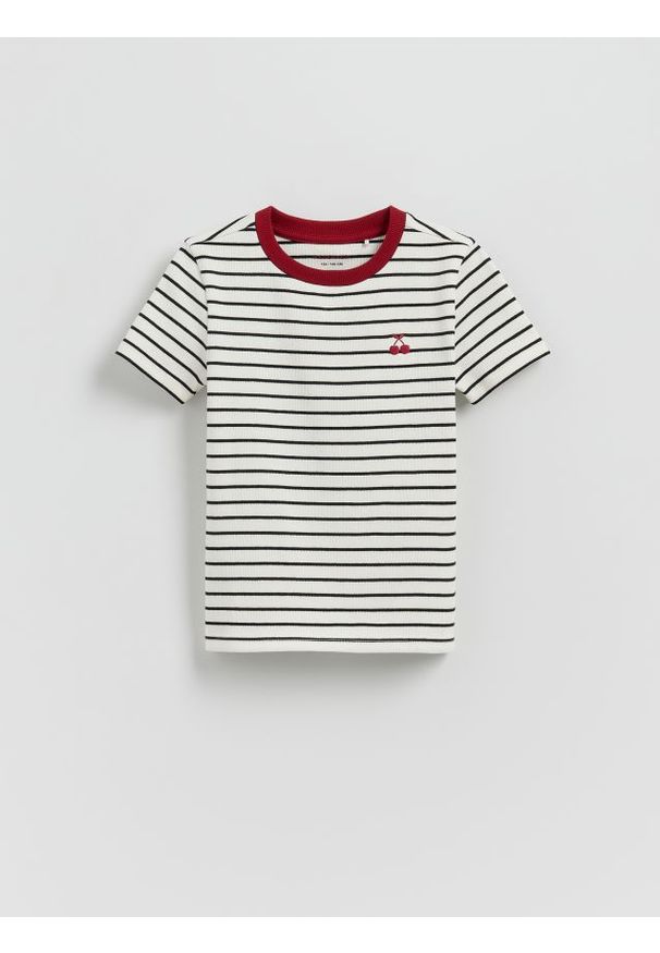 Reserved - Bawełniany t-shirt w paski - złamana biel. Materiał: bawełna. Wzór: paski