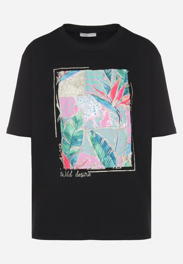 Born2be - Czarny Bawełniany T-shirt z Ozdobnym Nadrukiem Delmari. Okazja: na spacer, na co dzień. Kolor: czarny. Materiał: bawełna. Wzór: nadruk. Styl: klasyczny, casual