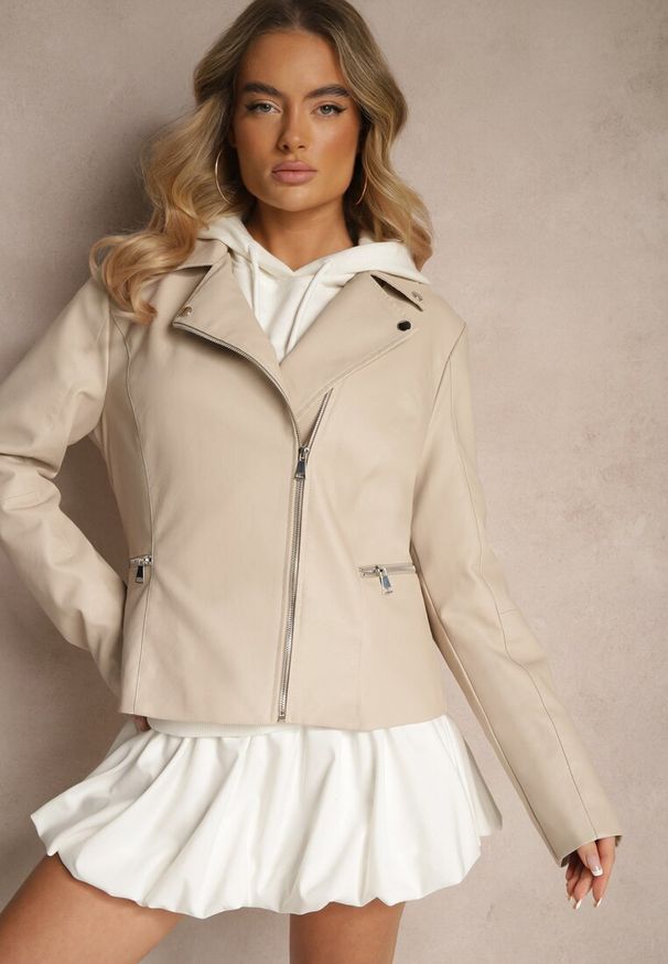 Renee - Beżowa Klasyczna Kurtka Ramoneska Ilanitha. Okazja: na co dzień. Kolor: beżowy. Materiał: jeans. Styl: klasyczny