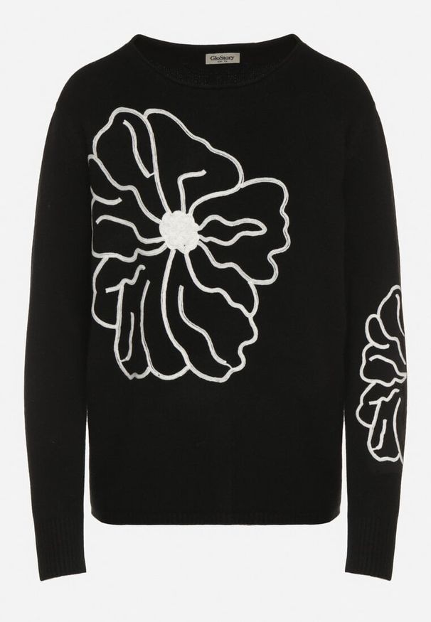 Born2be - Czarny Sweter Ozdobiony Haftowanymi Kwiatami Halatusea. Okazja: na co dzień. Kolor: czarny. Materiał: jeans. Wzór: kwiaty, aplikacja, haft. Styl: klasyczny, casual