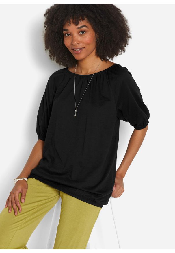 bonprix - Shirt bawełniany z elastycznym dołem, krótki rękaw. Kolor: czarny. Materiał: bawełna. Długość rękawa: krótki rękaw. Długość: krótkie