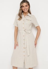 Born2be - Ciemnobeżowa Koszulowa Sukienka z Wiskozy z Lnem Zapinana na Guziki z Materiałowym Paskiem Fidilla. Okazja: na co dzień, na spotkanie biznesowe. Kolor: beżowy. Materiał: len, wiskoza, materiał. Wzór: aplikacja. Typ sukienki: koszulowe. Styl: biznesowy, casual, elegancki #2