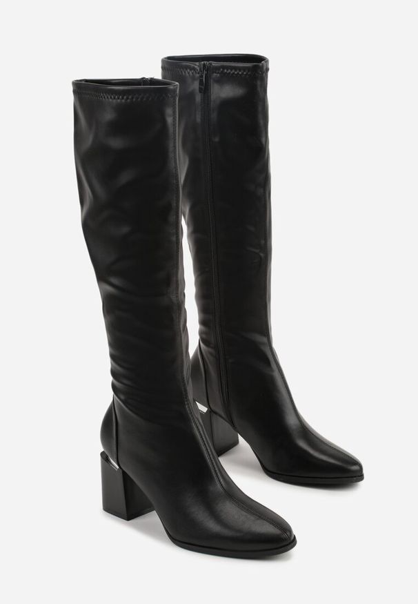 Born2be - Czarne Eleganckie Kozaki VICES na Słupku Zdobionym Metaliczną Wstawką Ranitta. Okazja: na co dzień, na spotkanie biznesowe, do pracy. Kolor: czarny. Materiał: jeans. Szerokość cholewki: normalna. Wzór: aplikacja. Obcas: na słupku. Styl: elegancki