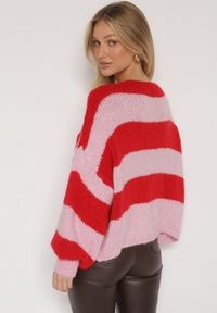 Born2be - Czerwony Wiązany Kardigan Oversize w Paski z Dodatkiem Wełny i Wiskozy Retire. Kolor: czerwony. Materiał: wełna, wiskoza. Wzór: paski #7