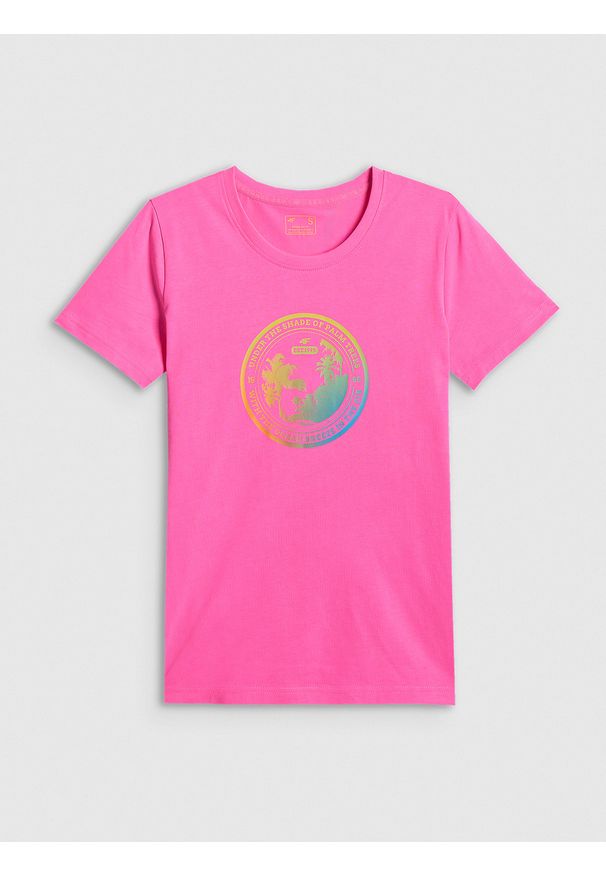 4f - 4F T-shirt regular z nadrukiem damski - różowy M. Okazja: na co dzień. Kolor: różowy. Materiał: dzianina, bawełna, materiał. Wzór: nadruk. Styl: casual, klasyczny, sportowy