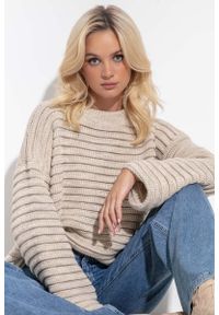 Fobya - Luźny Sweter w Prążkowany Wzór - Beżowy. Kolor: beżowy. Materiał: prążkowany