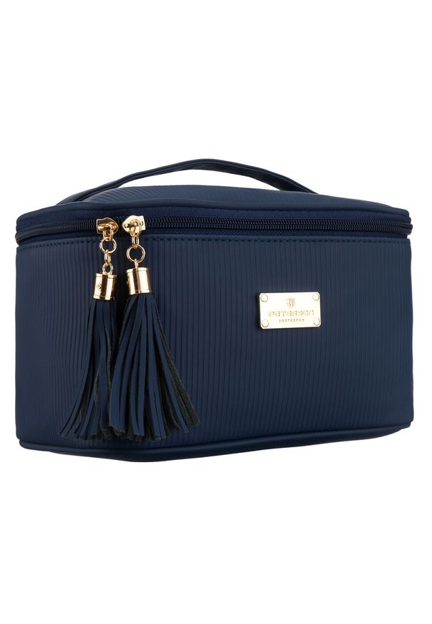 Granatowa kosmetyczka z tkaniny syntetycznej z poręcznym uchwytem - Peterson. Kolor: niebieski. Materiał: tkanina, syntetyk