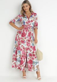 Born2be - Biała Sukienka Koszulowa z Rozcięciem w Kwiaty Vethere. Kolor: biały. Długość rękawa: długi rękaw. Wzór: kwiaty. Typ sukienki: koszulowe. Styl: elegancki. Długość: maxi #1