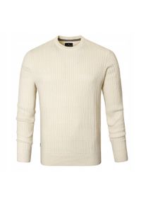 Lekki (Przejściowy) Sweter Męski z Bawełnianej Dzianiny - Pako Jeans - Ecru. Okazja: na spotkanie biznesowe, do pracy. Kolor: brązowy, beżowy, wielokolorowy. Materiał: bawełna. Styl: biznesowy, klasyczny #1
