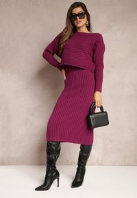Renee - Fioletowy Dzianinowy Komplet 2-częściowy ze Swetrem i Sukienką Midi Taweisa. Kolor: fioletowy. Materiał: dzianina #3