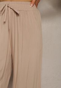 Renee - Beżowe Bawełniane Spodnie Palazzo High Waist z Gumką w Pasie Gitanea. Okazja: na co dzień. Stan: podwyższony. Kolor: beżowy. Materiał: bawełna. Sezon: lato. Styl: casual, elegancki