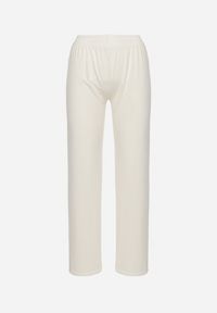 Born2be - Białe Prążkowane Spodnie Szerokie z Gumką w Pasie Drasia. Kolor: biały. Materiał: prążkowany
