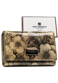 Złoty portfel damski wykonany ze skóry naturalnej i ekologicznej zamykany na zatrzask - Peterson. Kolor: złoty. Wzór: kwiaty #1