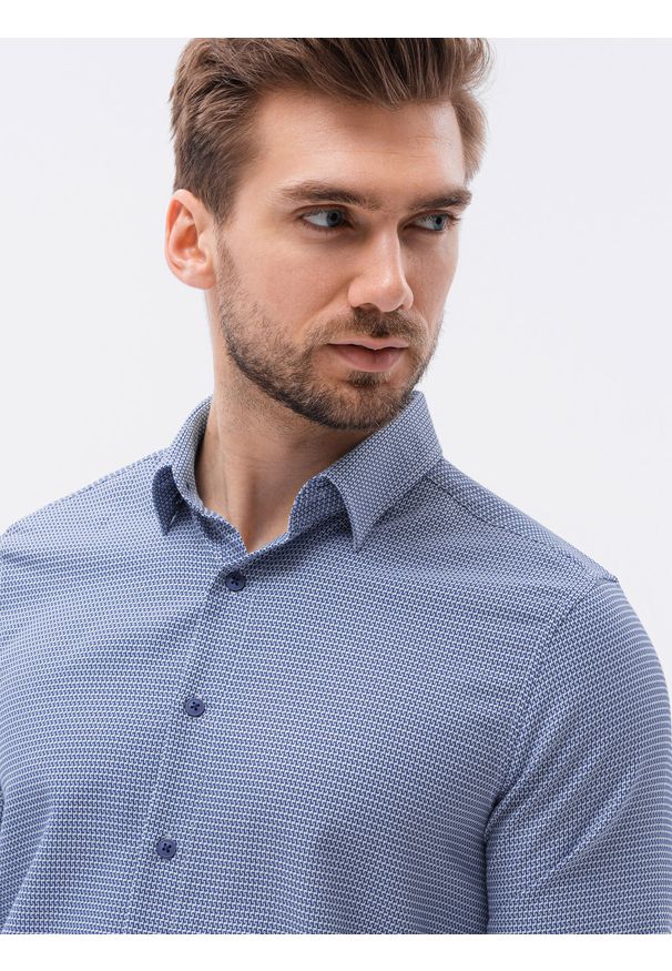 Ombre Clothing - Żakardowa koszula męska z drobnym wzorem REGULAR FIT - granatowa V2 K623 - XL. Okazja: na spotkanie biznesowe, do pracy, na co dzień. Kolor: niebieski. Materiał: żakard. Długość rękawa: długi rękaw. Długość: długie. Styl: klasyczny, biznesowy, casual