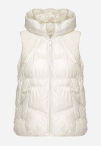 Born2be - Biała Pikowana Kamizelka z Kapturem i Ściągaczami Timorae. Okazja: na spacer. Typ kołnierza: kaptur. Kolor: biały. Materiał: jeans #5