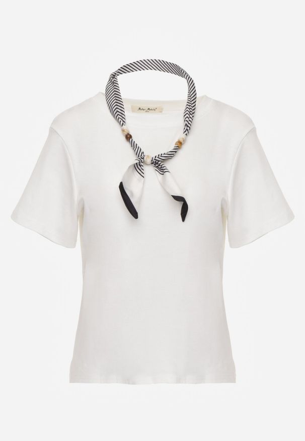 Born2be - Biały T-shirt z Bawełny w Klasycznym Stylu z Apaszką Bluestel. Okazja: do pracy, na co dzień, na spotkanie biznesowe. Kolor: biały. Materiał: bawełna. Długość: długie. Styl: klasyczny