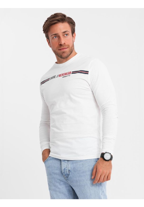 Ombre Clothing - Longsleeve męski z nadrukiem - biały 2 - Rozmiar: M. Kolor: biały. Materiał: bawełna. Długość rękawa: długi rękaw. Długość: długie. Wzór: nadruk