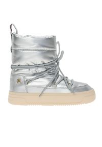 TOMMY HILFIGER - Buty Tommy Hilfiger Lace-Up Metallic Snowboot FW0FW08442-0IN - srebrne. Kolor: srebrny. Materiał: skóra, syntetyk, guma. Szerokość cholewki: normalna. Sezon: zima. Obcas: na platformie