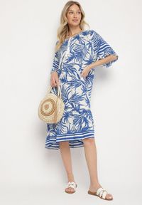 Born2be - Niebieska Sukienka o Pudełkowym Kroju z Wiązaniem przy Dekolcie w Roślinny Wzór Mirionela. Kolor: niebieski. Długość rękawa: krótki rękaw #7