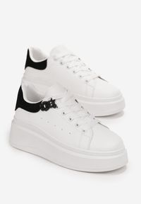 Renee - Białe Sznurowane Sneakersy na Platformie z Aplikacją przy Sznurówkach Khirlie. Kolor: biały. Wzór: aplikacja. Obcas: na platformie #3