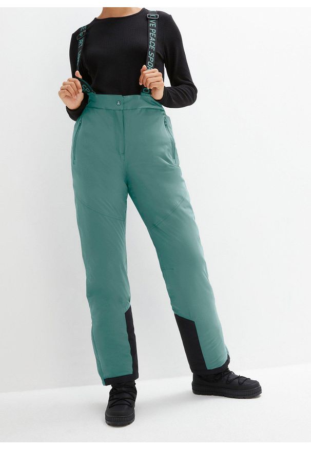 bonprix - Spodnie narciarskie ocieplane i nieprzemakalne, z odpinanymi szelkami, straight. Kolor: zielony