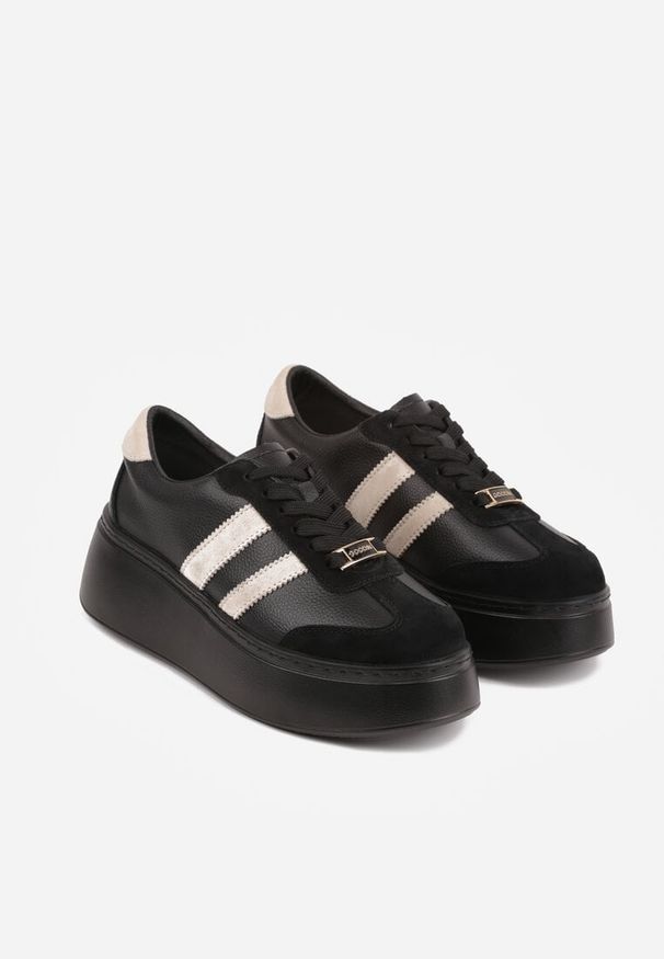 Renee - Czarno-Beżowe Sneakersy na Platformie ze Skóry Naturalnej Ozdobione Paskami Sovimi. Okazja: na co dzień. Zapięcie: pasek. Kolor: czarny. Materiał: skóra. Wzór: aplikacja. Obcas: na platformie