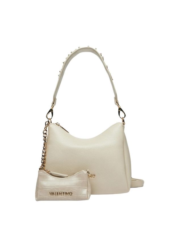 Valentino by Mario Valentino - VALENTINO Beżowa damska torebka Kalimba Hobo Bag z saszetką. Kolor: beżowy. Wzór: paski. Materiał: skórzane. Styl: elegancki