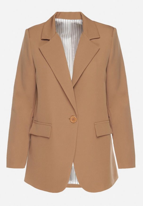 Born2be - Brązowa Marynarka Jednorzędowa ze Wzorem Pasków Viviella. Okazja: na co dzień, na spotkanie biznesowe. Kolor: brązowy. Materiał: jeans. Styl: klasyczny, casual, biznesowy, elegancki