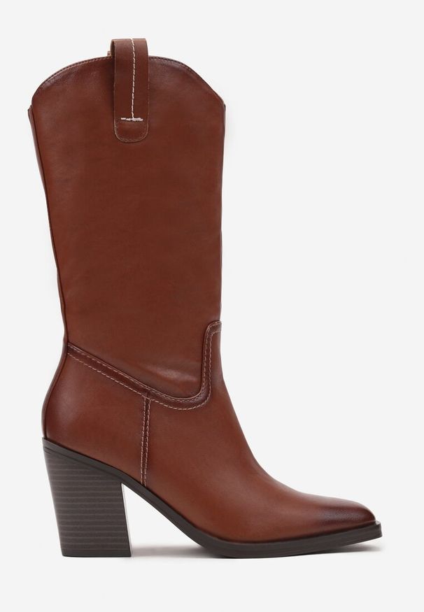 Renee - Brązowe Kozaki Kowbojki na Słupku Laoniae. Okazja: na co dzień. Kolor: brązowy. Materiał: jedwab, jeans. Obcas: na słupku. Styl: elegancki, wizytowy, klasyczny, casual