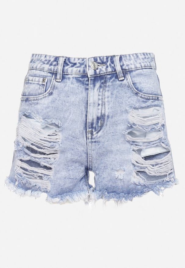 Born2be - Jasnoniebieskie Szorty Jeansowe z Ozdobnymi Dziurami i Strzępieniami Novolia. Okazja: na co dzień. Stan: podwyższony. Kolor: niebieski. Materiał: jeans. Sezon: lato. Styl: klasyczny, elegancki, casual